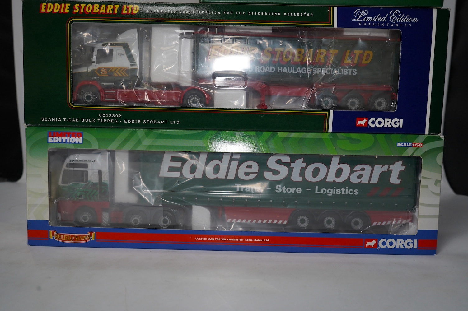 Thirteen boxed diecast Corgi Eddie Stobart commercial vehicles, including; tractor and trailer units, a Scammell Contractor Wrecker, flatbed lorries, curtainside lorries, etc. Condition - good.